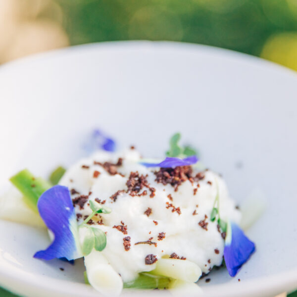 A white plate with a gourmet dish from Flying Sauces dining features white and green asparagus, creamy white sauce, edible blue flower petals, and crumbled toppings, set against a blurred green background.