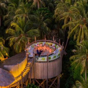 From above, you can see the Flying Sauces dining experience on a wooden treetop platform, nestled among lush palm trees. Guests enjoy intimate meals around a circular table, softly lit to perfection. A graceful wooden staircase ascends to this unique culinary escape.