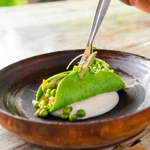 A hand uses tweezers to garnish a green, garden-fresh taco on a brown plate with various greens and a white sauce. The background reveals a blurred outdoor setting, brimming with lush greenery.