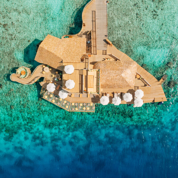 Aerial view of a wooden decked resort with white umbrellas over clear turquoise and deep blue water, surrounded by coral reefs.