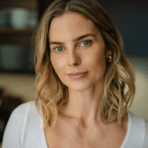 A woman with wavy blonde hair, blue eyes, and gold hoop earrings is smiling softly. She is wearing a white top and stands indoors, evoking the serene ambiance of Soul at Soneva, with shelves and blurred background elements behind her.